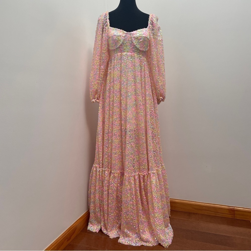 Selkie- Rainbow Sequin Princess Gown Size XS 3/4 Sleeve Sweetheart Maxi Dress - Picture 6 of 16